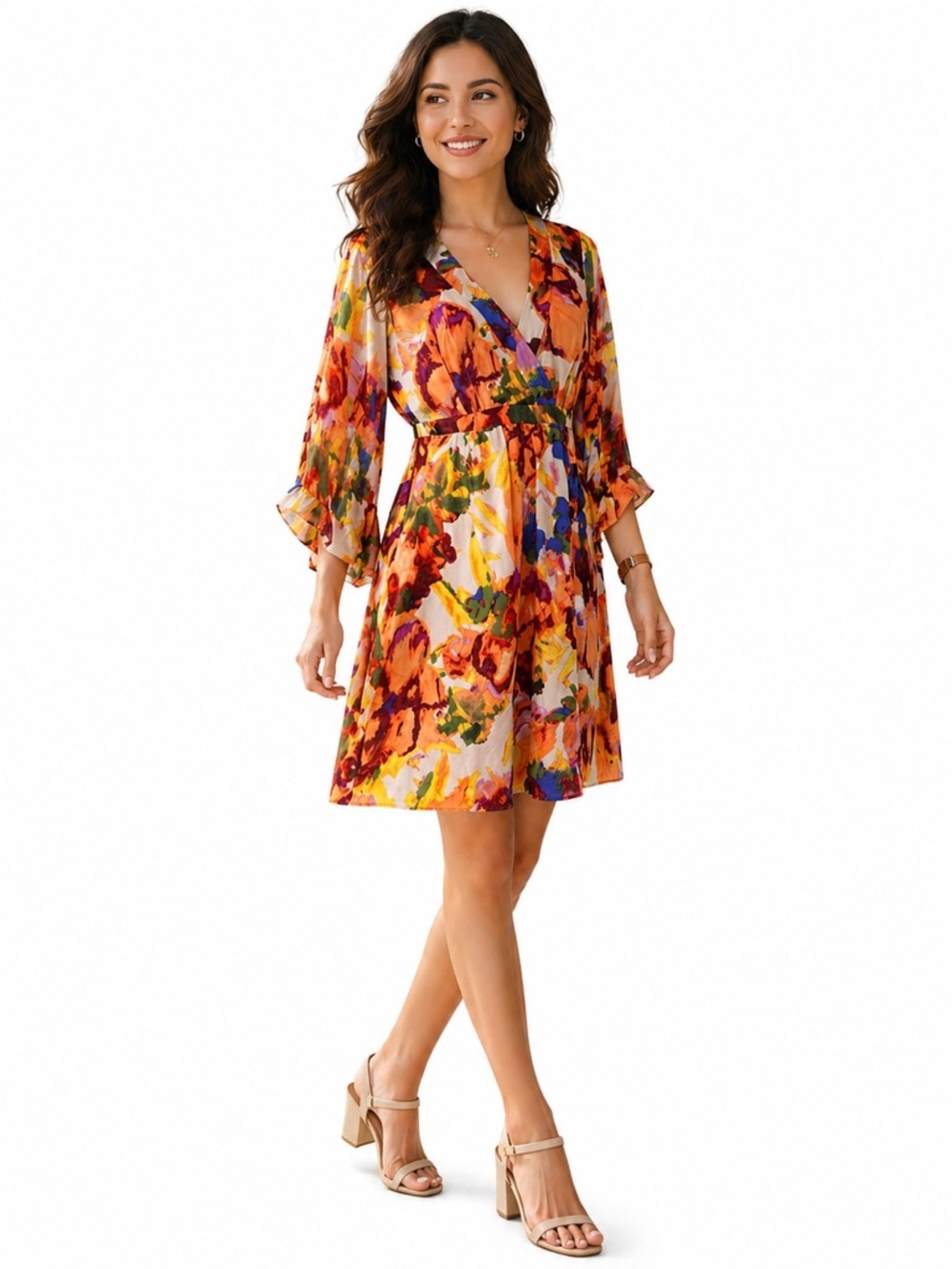 Maeve Dress Floral Watercolour Print V Neck 3/4 Kimono Sleeves 100% Silk Sz 6